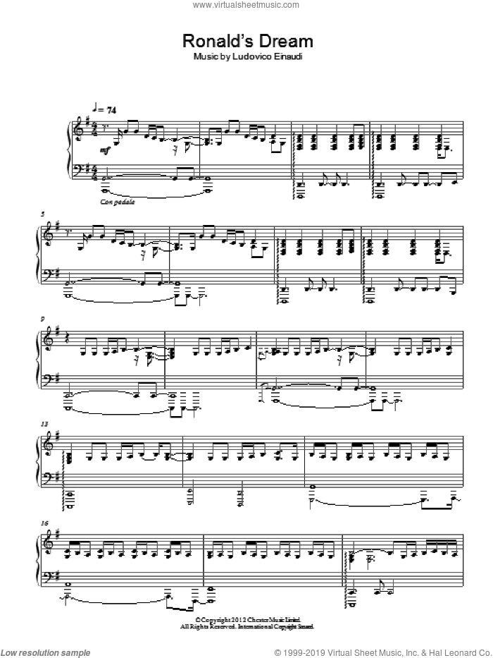 Ronald's Dream sheet music for piano solo by Ludovico Einaudi, classical score, intermediate skill level