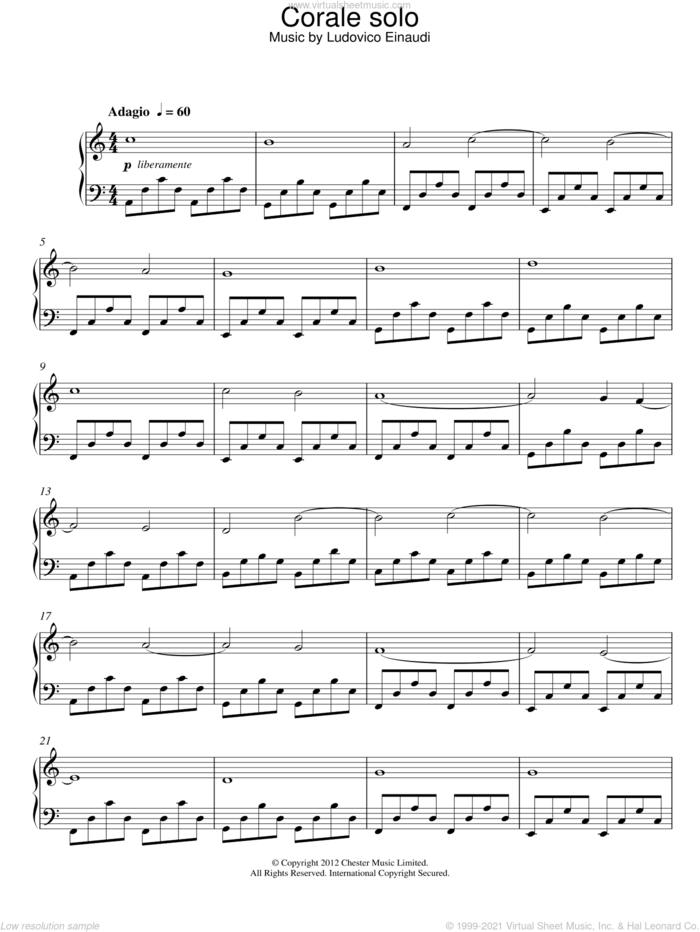 Corale Solo sheet music for piano solo by Ludovico Einaudi, classical score, intermediate skill level
