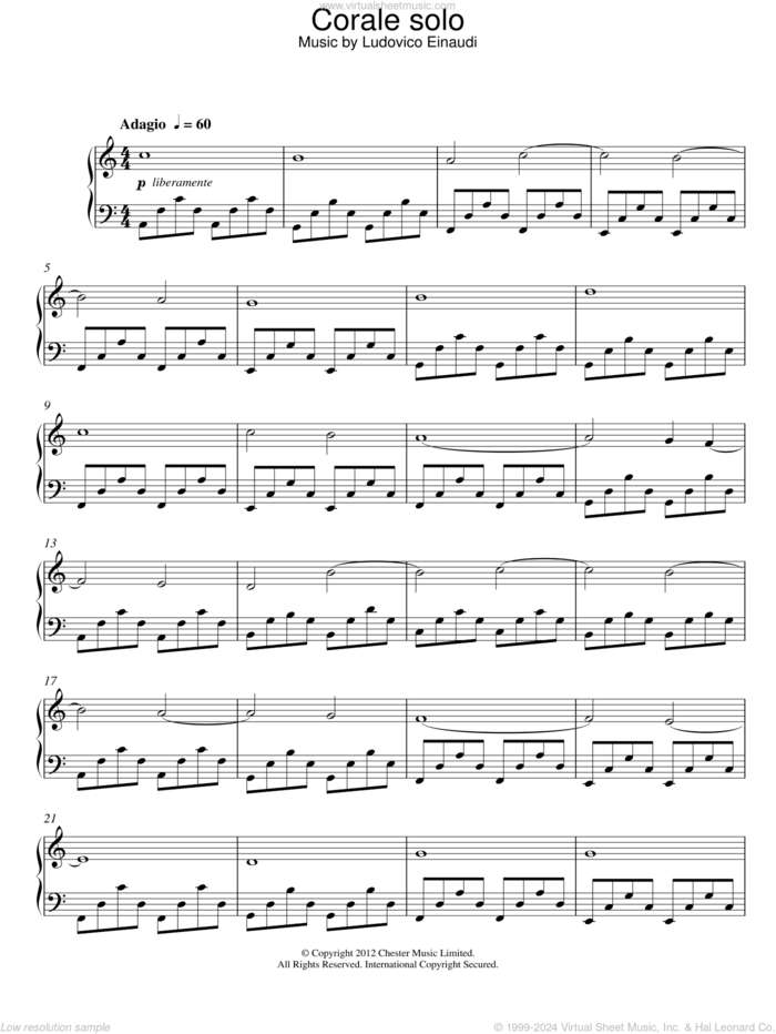 Corale Solo sheet music for piano solo by Ludovico Einaudi, classical score, intermediate skill level