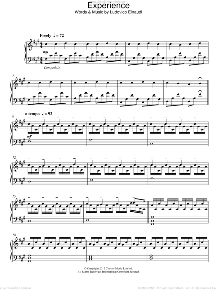Experience, (intermediate) sheet music for piano solo by Ludovico Einaudi, classical score, intermediate skill level