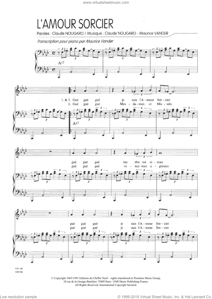 Amour Sorcier sheet music for voice and piano by Claude Nougaro and Maurice Vanderschueren, intermediate skill level