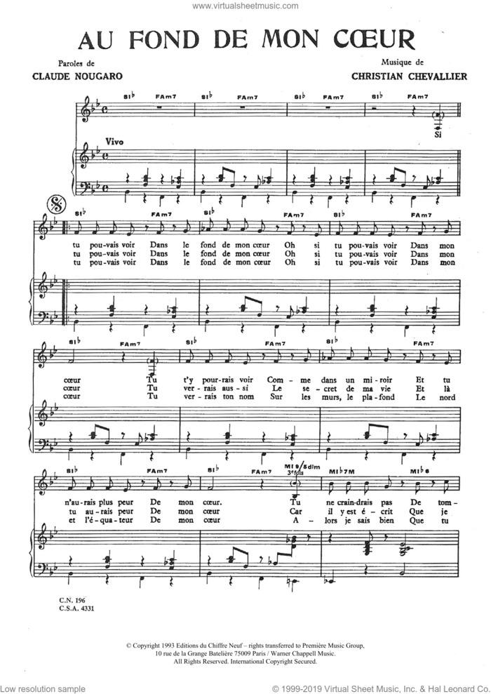 Au Fond De Mon Coeur sheet music for voice and piano by Claude Nougaro and Christian Chevaillier, intermediate skill level