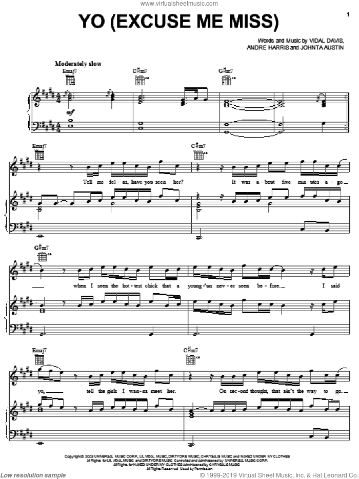Yo (Excuse Me Miss) sheet music for voice, piano or guitar by Chris Brown, Andre Harris, Johnta Austin and Vidal Davis, intermediate skill level