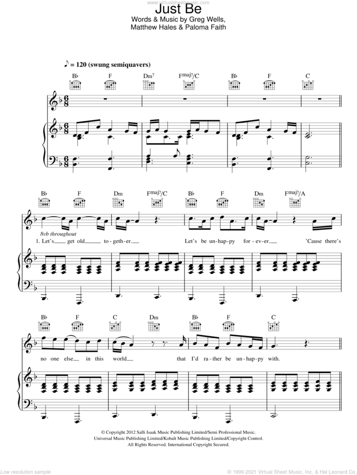Just Be sheet music for voice, piano or guitar by Paloma Faith, intermediate skill level