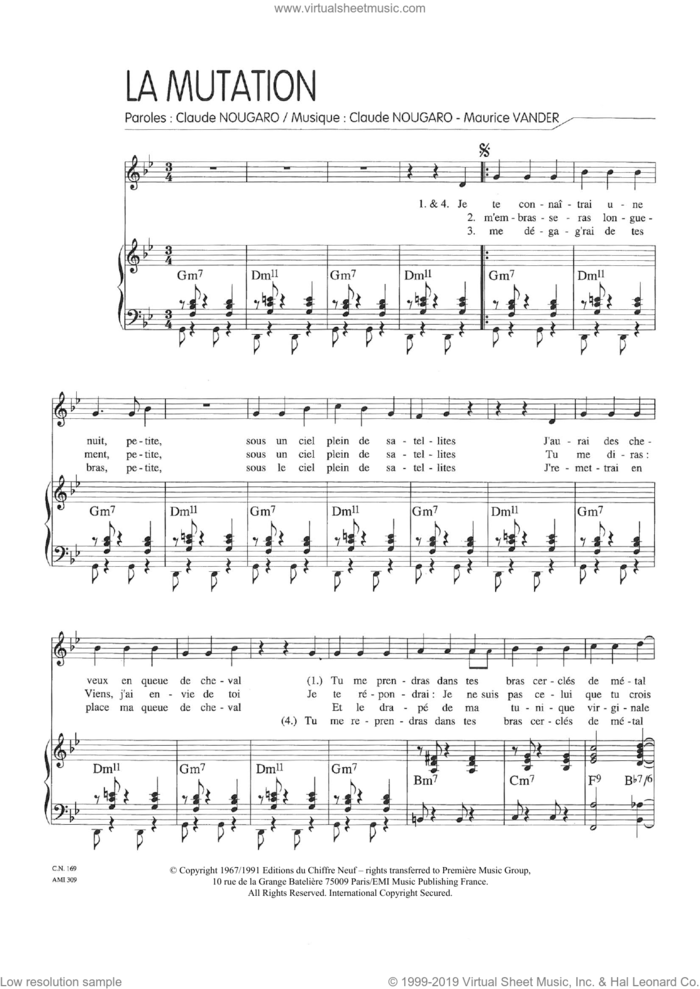 Mutation sheet music for voice and piano by Claude Nougaro and Maurice Vanderschueren, intermediate skill level