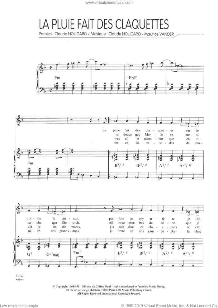 La Pluie Fait Des Claquettes sheet music for voice and piano by Claude Nougaro and Maurice Vanderschueren, intermediate skill level