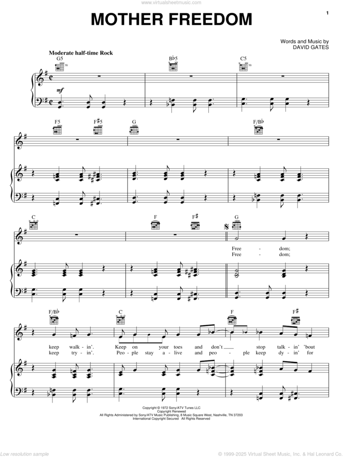 Mother Freedom sheet music for voice, piano or guitar by Bread and David Gates, intermediate skill level