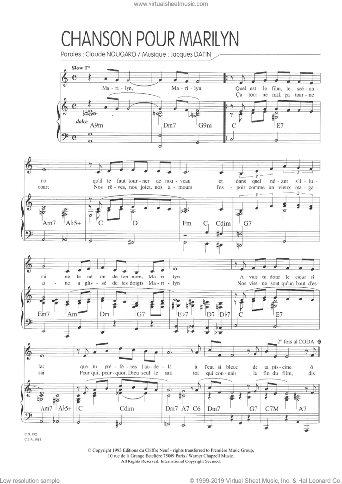 Chanson Pour Marilyn sheet music for voice and piano by Claude Nougaro and Jacques Datin, intermediate skill level