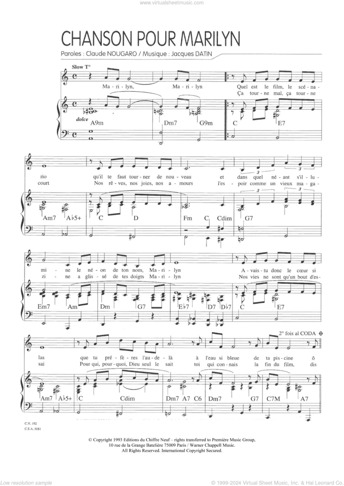 Chanson Pour Marilyn sheet music for voice and piano by Claude Nougaro and Jacques Datin, intermediate skill level