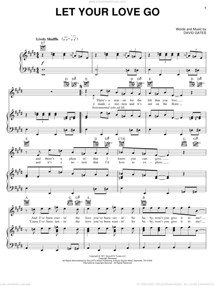 Let Your Love Go sheet music for voice, piano or guitar by Bread and David Gates, intermediate skill level
