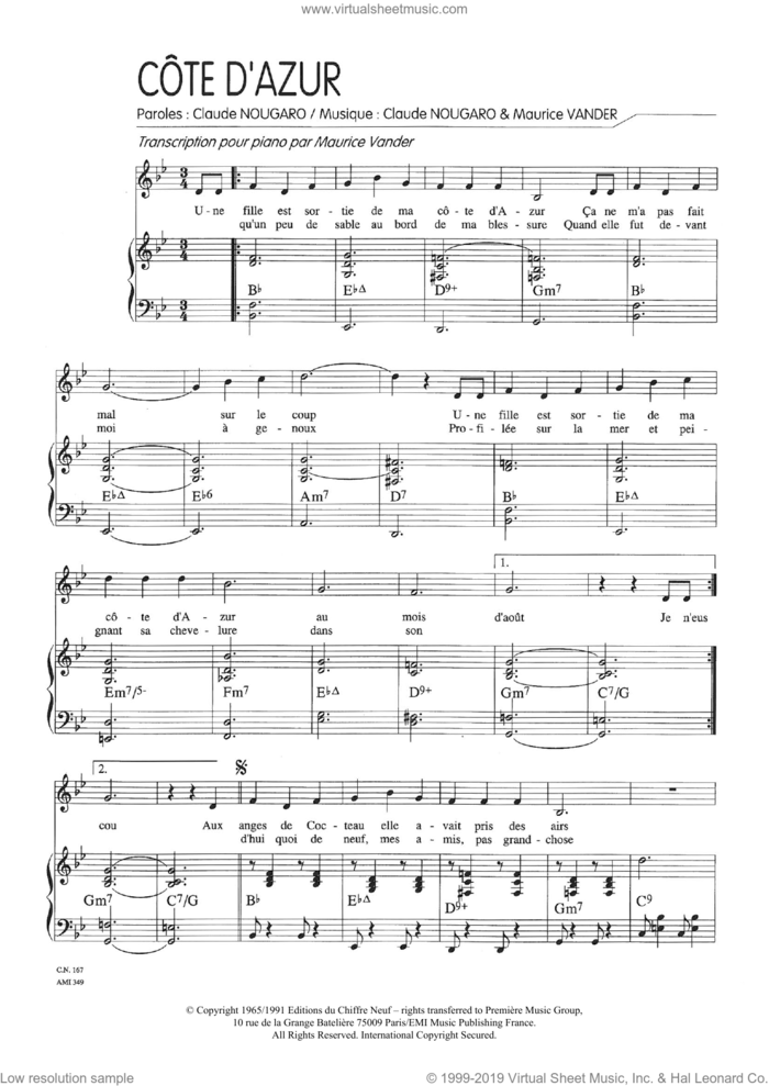 Cote D'azur sheet music for voice and piano by Claude Nougaro and Maurice Vanderschueren, intermediate skill level