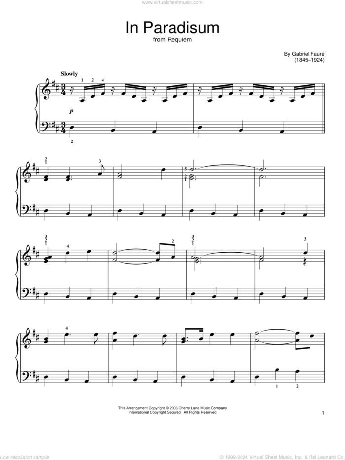 In Paradisum sheet music for piano solo by Gabriel Faure, classical score, easy skill level