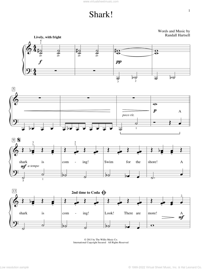 Shark! sheet music for piano solo (elementary) by Randall Hartsell, beginner piano (elementary)
