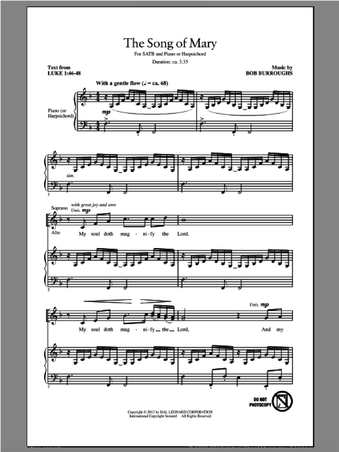 Song Of Mary sheet music for choir (SATB: soprano, alto, tenor, bass) by Bob Burroughs, intermediate skill level