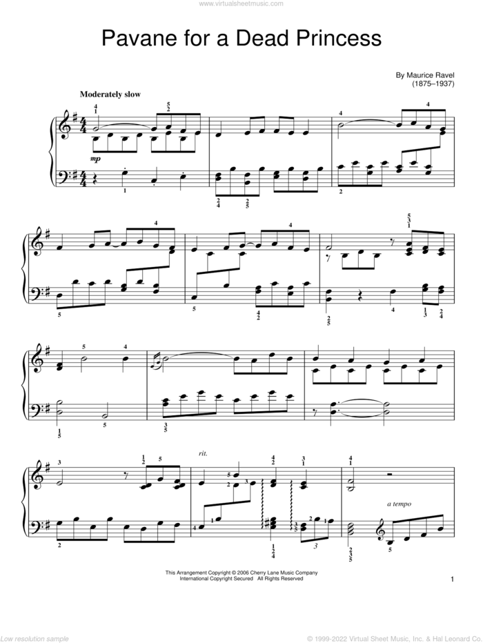 Pavane (For A Dead Princess), (easy) sheet music for piano solo by Maurice Ravel, classical score, easy skill level