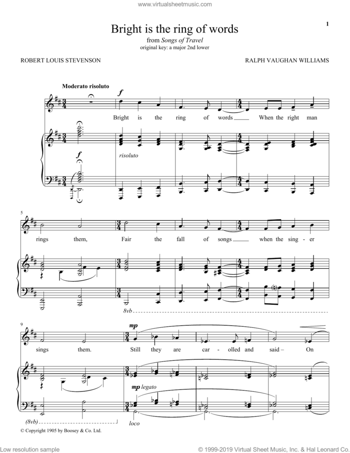 Bright Is The Ring Of Words sheet music for voice and piano by Ralph Vaughan Williams and Robert Louis Stevenson, classical score, intermediate skill level