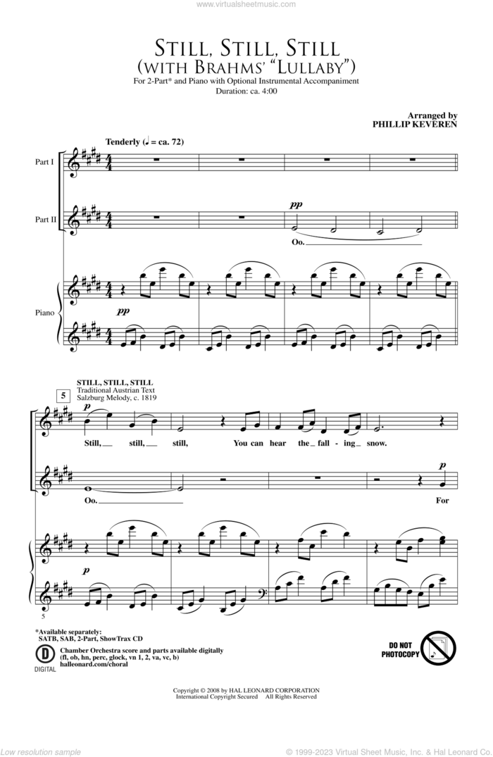 Still, Still, Still (with Brahms Lullaby) sheet music for choir (2-Part) by Phillip Keveren and Johannes Brahms, classical score, intermediate duet