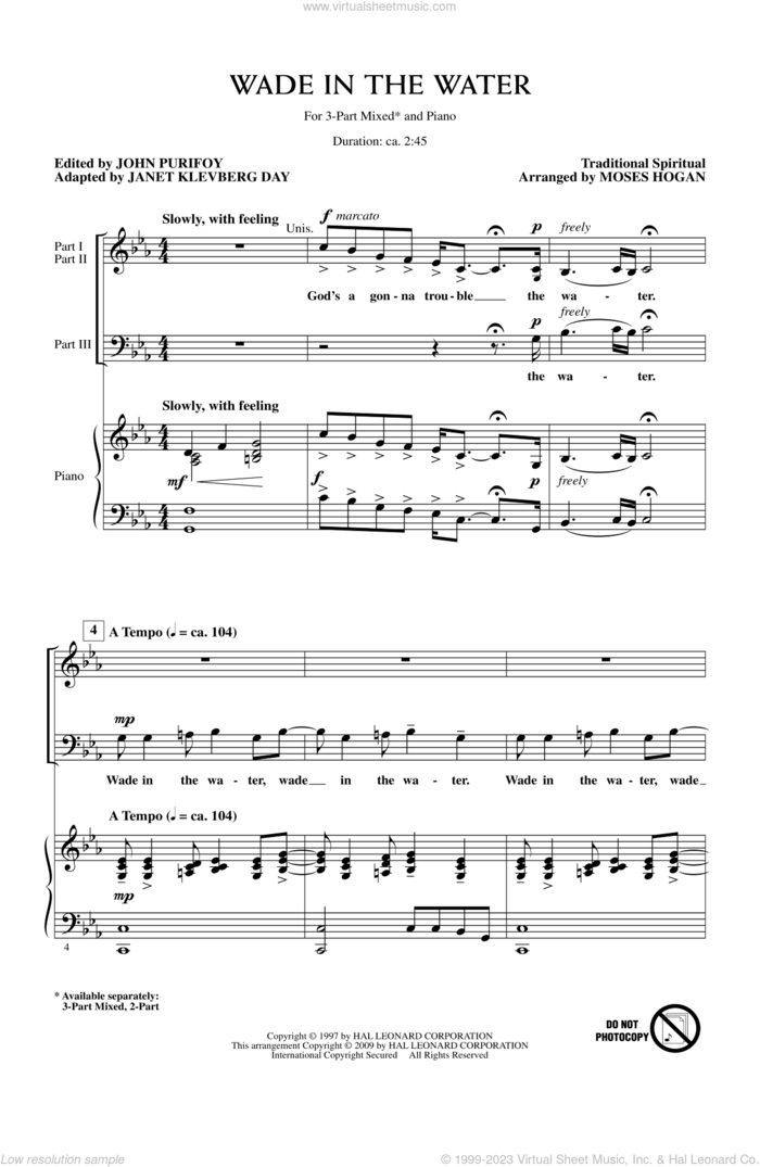 Wade In The Water sheet music for choir (3-Part Mixed) by John Purifoy, Janet Day and Moses Hogan, intermediate skill level