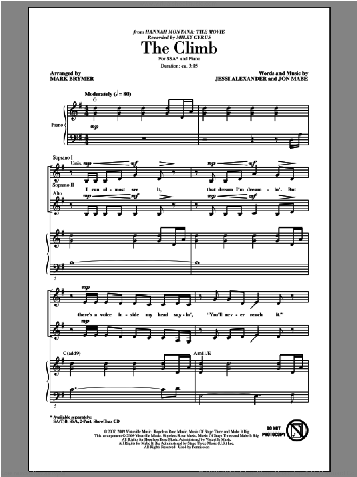 The Climb (from Hannah Montana: The Movie) (arr. Mark Brymer) sheet music for choir (SSA: soprano, alto) by Mark Brymer and Miley Cyrus, intermediate skill level