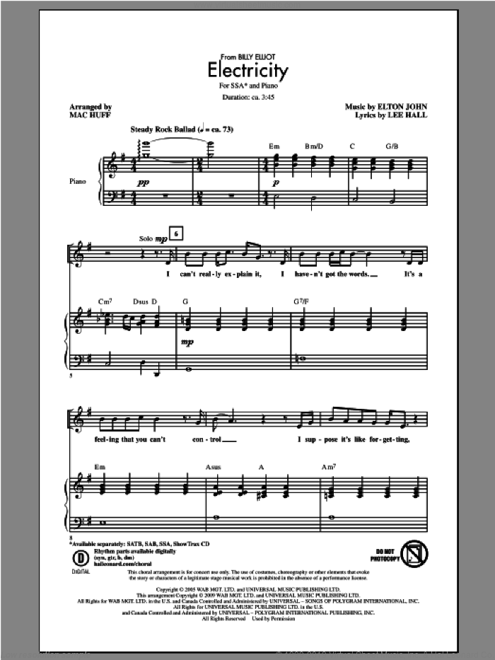 Electricity sheet music for choir (SSA: soprano, alto) by Mac Huff and Elton John, intermediate skill level