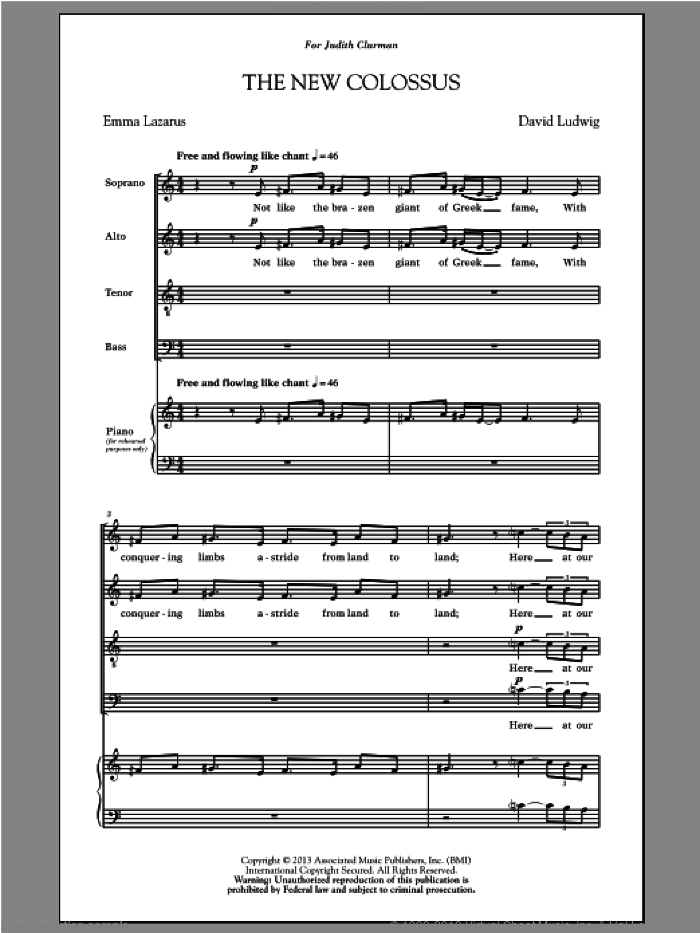 The New Colossus sheet music for choir (SATB: soprano, alto, tenor, bass) by David Ludwig, intermediate skill level