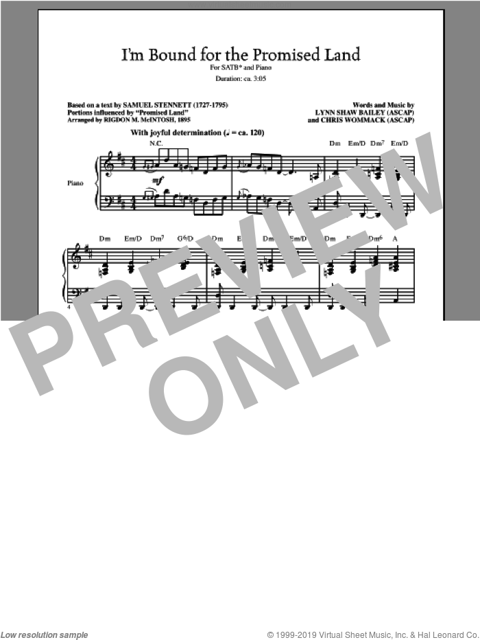 I'm Bound For The Promised Land sheet music for choir (SATB: soprano, alto, tenor, bass) by Lynn Shaw Bailey and Chris Wommack, intermediate skill level