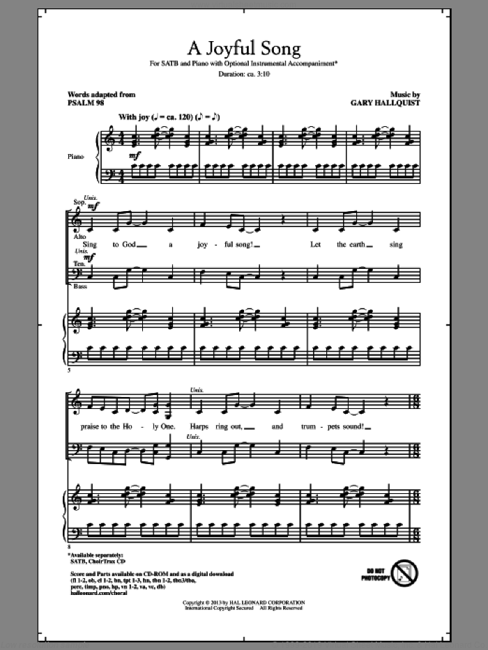 A Joyful Song sheet music for choir (SATB: soprano, alto, tenor, bass) by Gary Hallquist, intermediate skill level