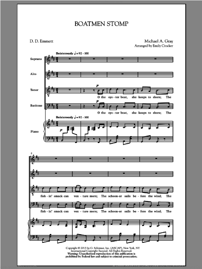 Boatmen Stomp sheet music for choir (SATB: soprano, alto, tenor, bass) by Emily Crocker, intermediate skill level