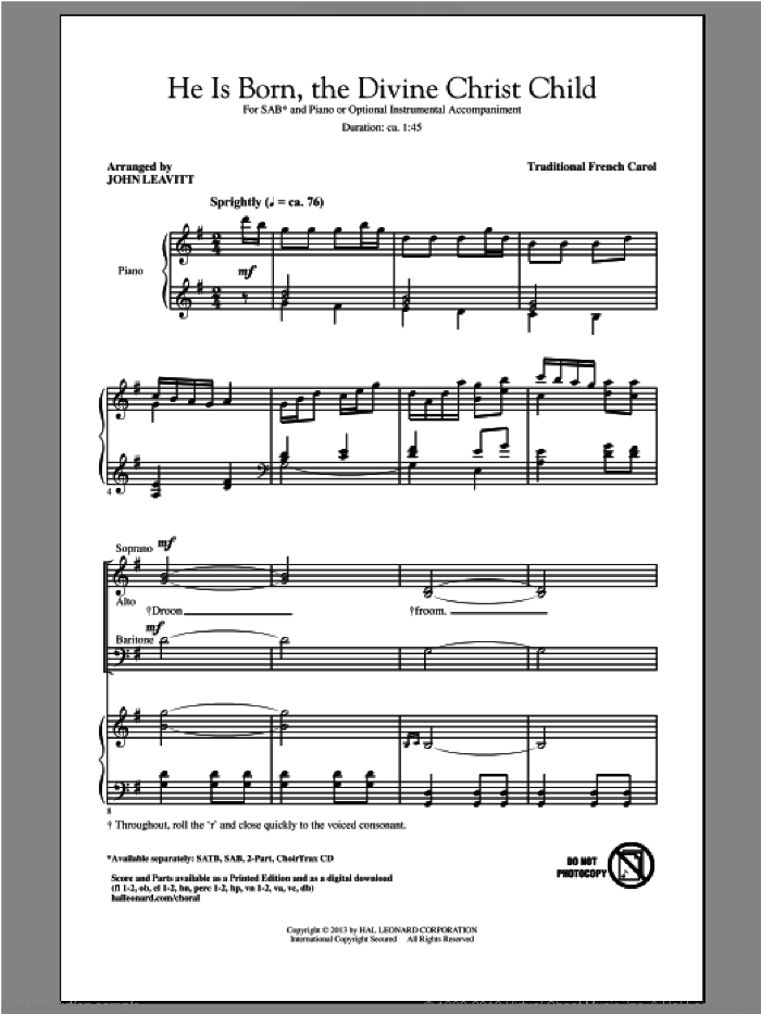 He Is Born sheet music for choir (SAB: soprano, alto, bass) by John Leavitt, intermediate skill level