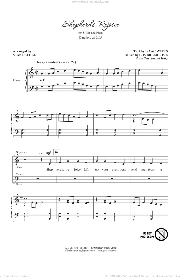 Shepherds, Rejoice sheet music for choir (SATB: soprano, alto, tenor, bass) by Isaac Watts, L.P. Breedlove, Stan Pethel and The Sacred Harp, intermediate skill level