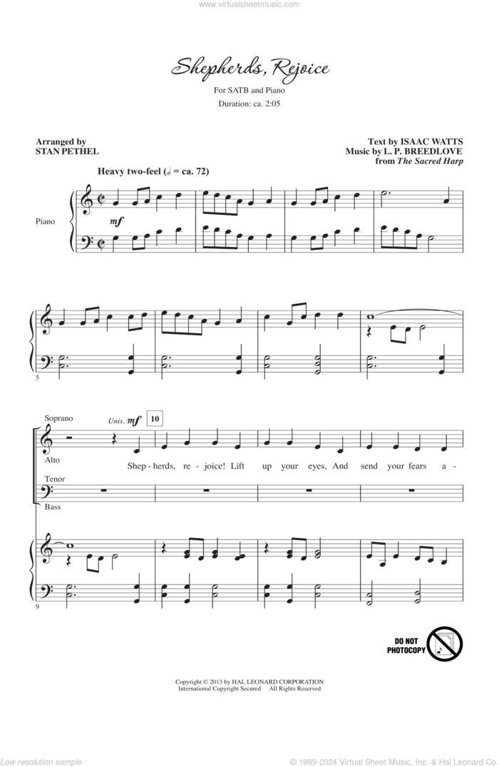 Shepherds, Rejoice sheet music for choir (SATB: soprano, alto, tenor, bass) by Isaac Watts, L.P. Breedlove, Stan Pethel and The Sacred Harp, intermediate skill level