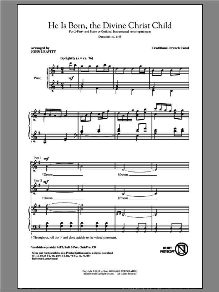 He Is Born sheet music for choir (2-Part) by John Leavitt, intermediate duet