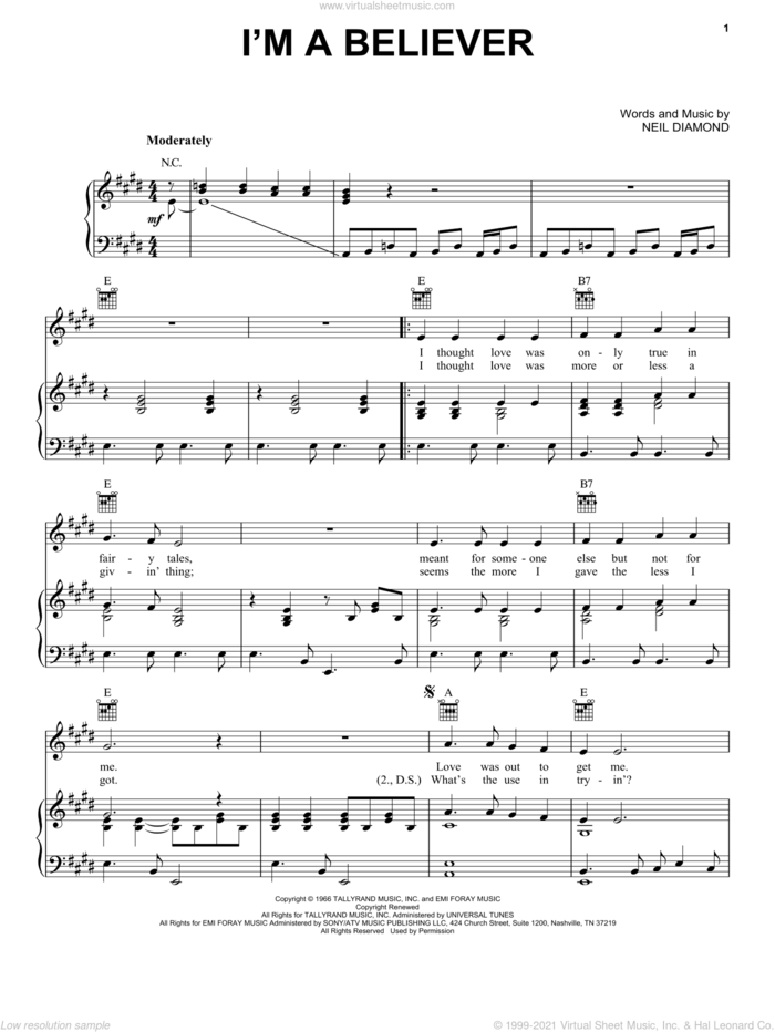 I'm A Believer sheet music for voice, piano or guitar by The Monkees, Smash Mouth and Neil Diamond, intermediate skill level