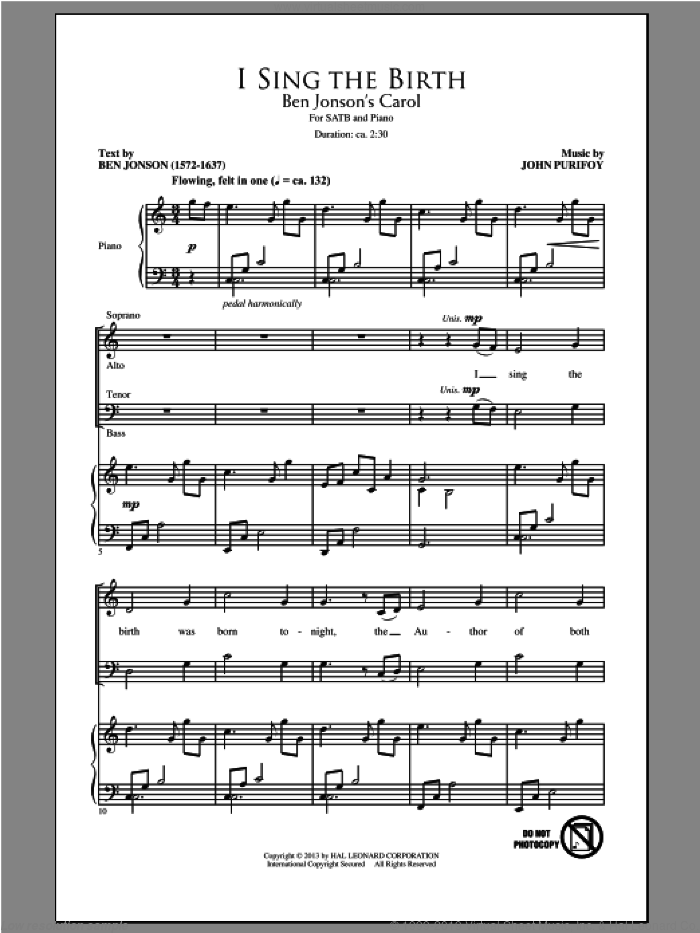 I Sing The Birth sheet music for choir (SATB: soprano, alto, tenor, bass) by John Purifoy and Ben Jonson, intermediate skill level