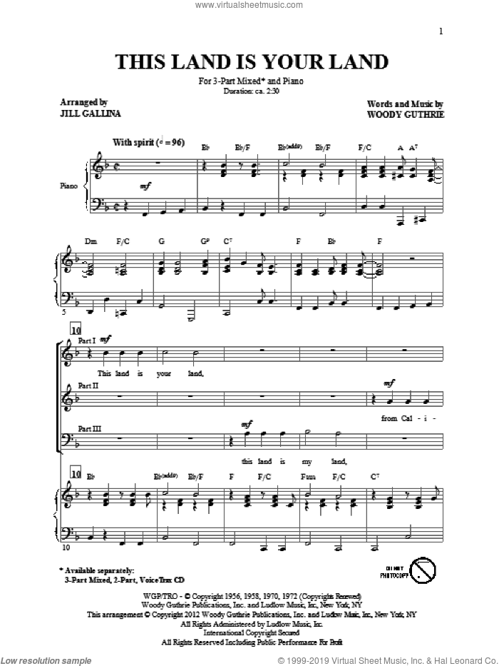 This Land Is Your Land (arr. Jill Gallina) sheet music for choir (3-Part Mixed) by Woody Guthrie and Jill Gallina, intermediate skill level