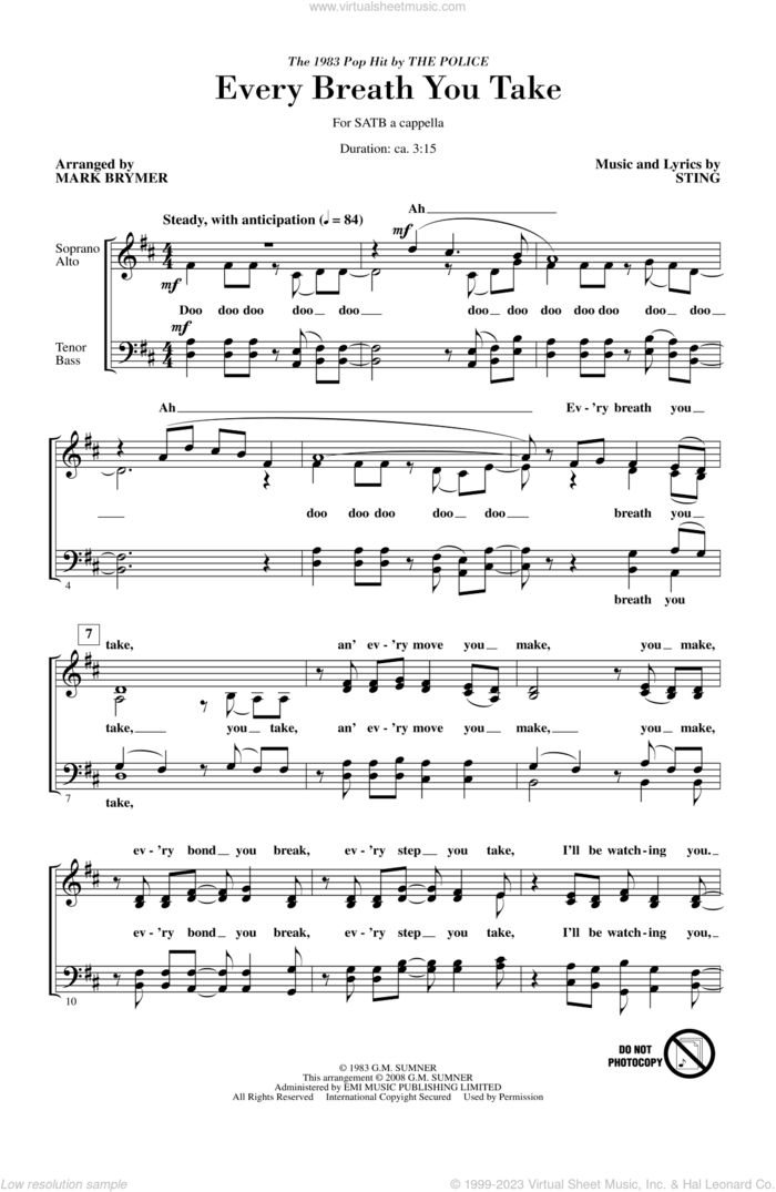 Every Breath You Take sheet music for choir (SATB: soprano, alto, tenor, bass) by Mark Brymer, Police, Sting and The Police, intermediate skill level
