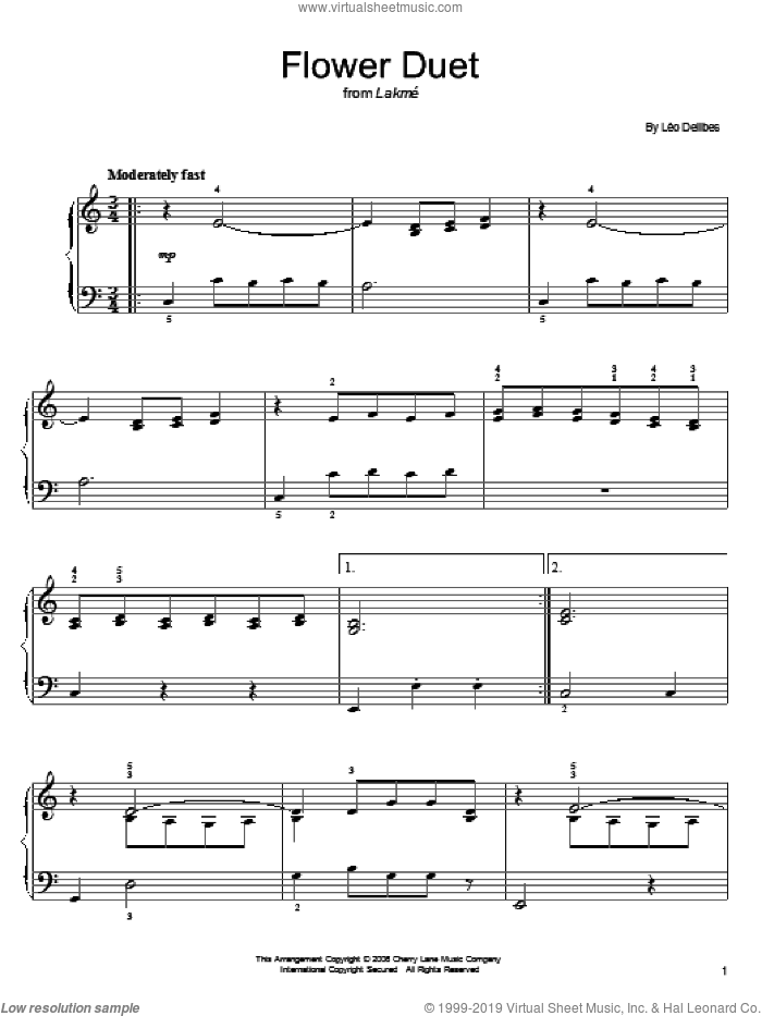 Flower Duet, (easy) sheet music for piano solo by Leo Delibes, classical score, easy skill level