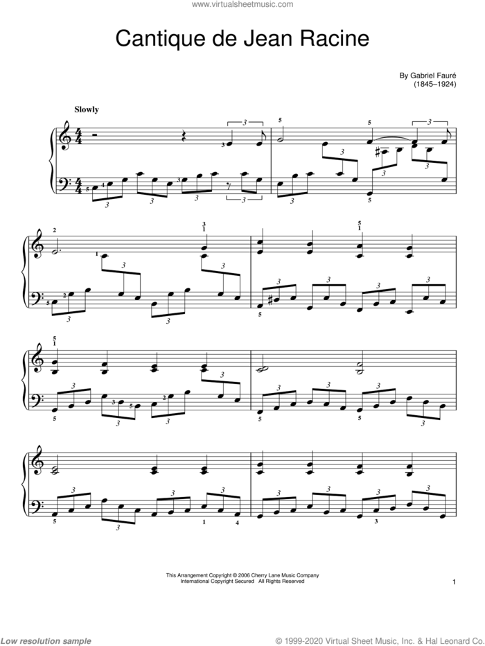Cantique De Jean Racine, (easy) sheet music for piano solo by Gabriel Faure, classical score, easy skill level