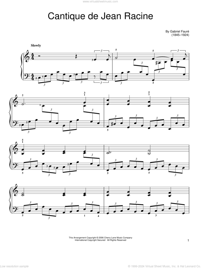 Cantique De Jean Racine, (easy) sheet music for piano solo by Gabriel Faure, classical score, easy skill level