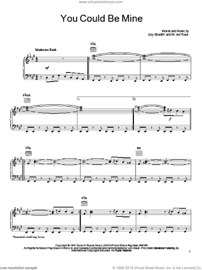 You Could Be Mine sheet music for voice, piano or guitar by Guns N' Roses, intermediate skill level