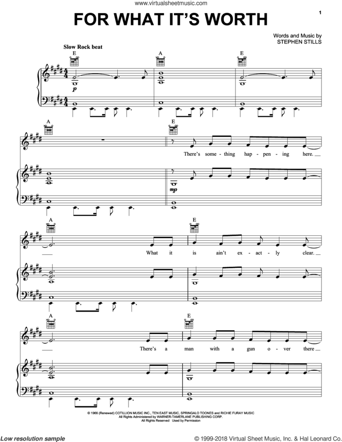 For What It's Worth sheet music for voice, piano or guitar by Buffalo Springfield and Stephen Stills, intermediate skill level