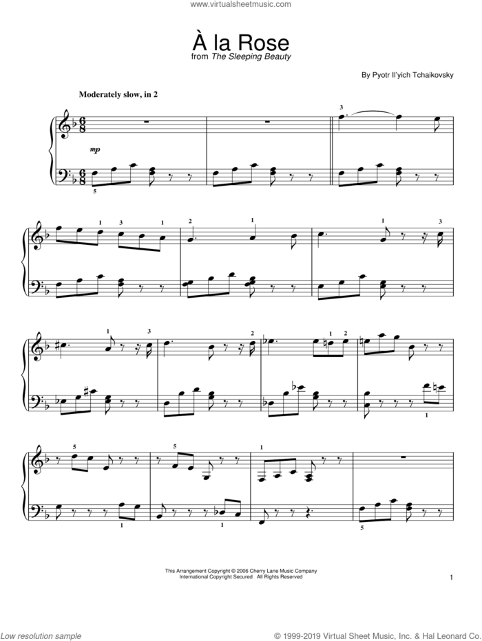 Adagio 'A La Rose' sheet music for piano solo by Pyotr Ilyich Tchaikovsky, classical score, easy skill level
