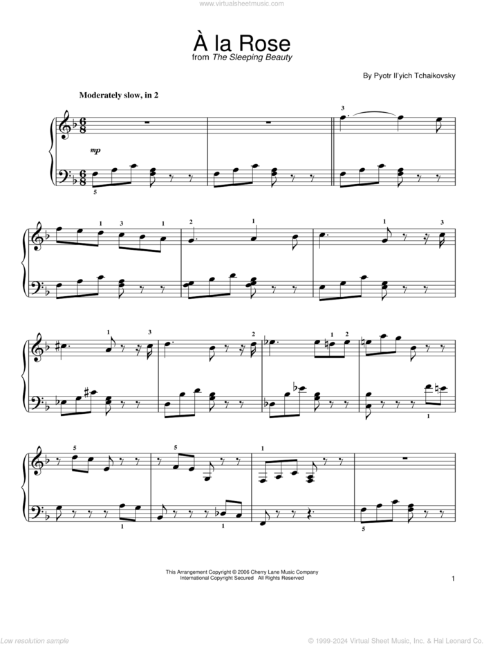 Adagio 'A La Rose' sheet music for piano solo by Pyotr Ilyich Tchaikovsky, classical score, easy skill level