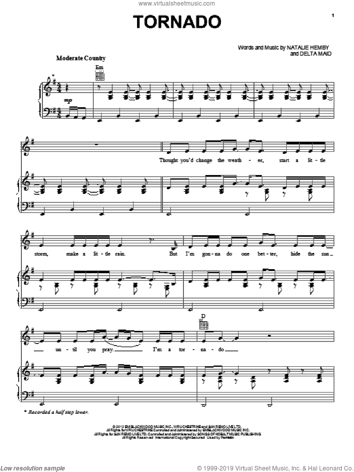 Tornado sheet music for voice, piano or guitar by Little Big Town, Delta Maid and Natalie Hemby, intermediate skill level
