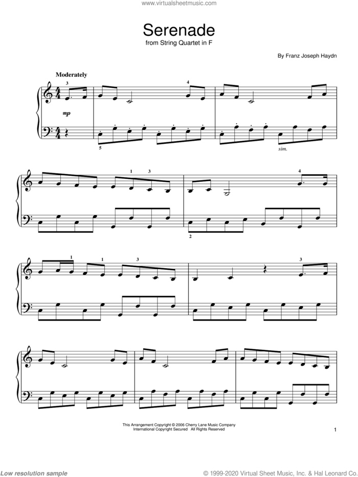 Serenade From String Quartet in F sheet music for piano solo by Franz Joseph Haydn, classical score, easy skill level