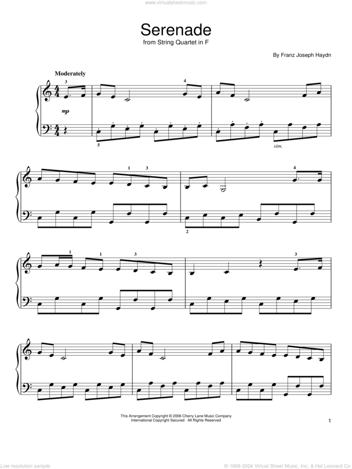 Serenade From String Quartet in F sheet music for piano solo by Franz Joseph Haydn, classical score, easy skill level