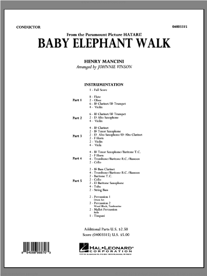 Baby Elephant Walk (COMPLETE) sheet music for concert band by Henry Mancini and Johnnie Vinson, intermediate skill level