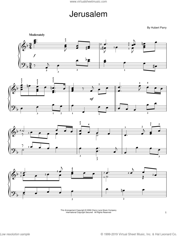 Jerusalem, (easy) sheet music for piano solo by C.H. Parry, easy skill level