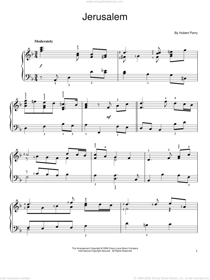 Jerusalem, (easy) sheet music for piano solo by C.H. Parry, easy skill level