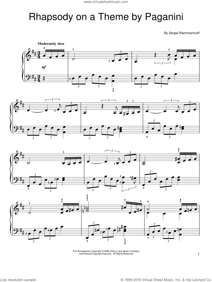 Rhapsody On A Theme Of Paganini, Variation XVIII, (easy) sheet music for piano solo by Serjeij Rachmaninoff, classical score, easy skill level